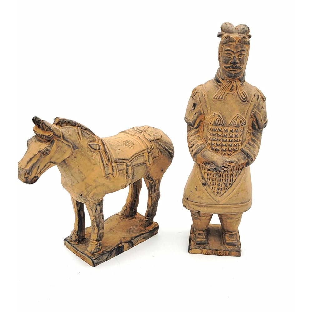 Chinese Terracotta Warrior Figure & Horse Figurines Set, 2 Pieces